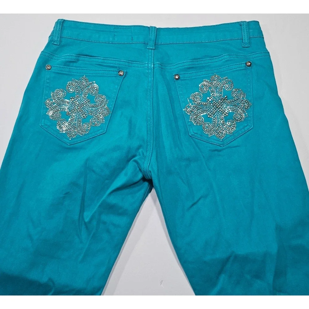 V Cristina Womens Teal Rhinestone Embellished Capri Crop Pants Size 10 Turquoise